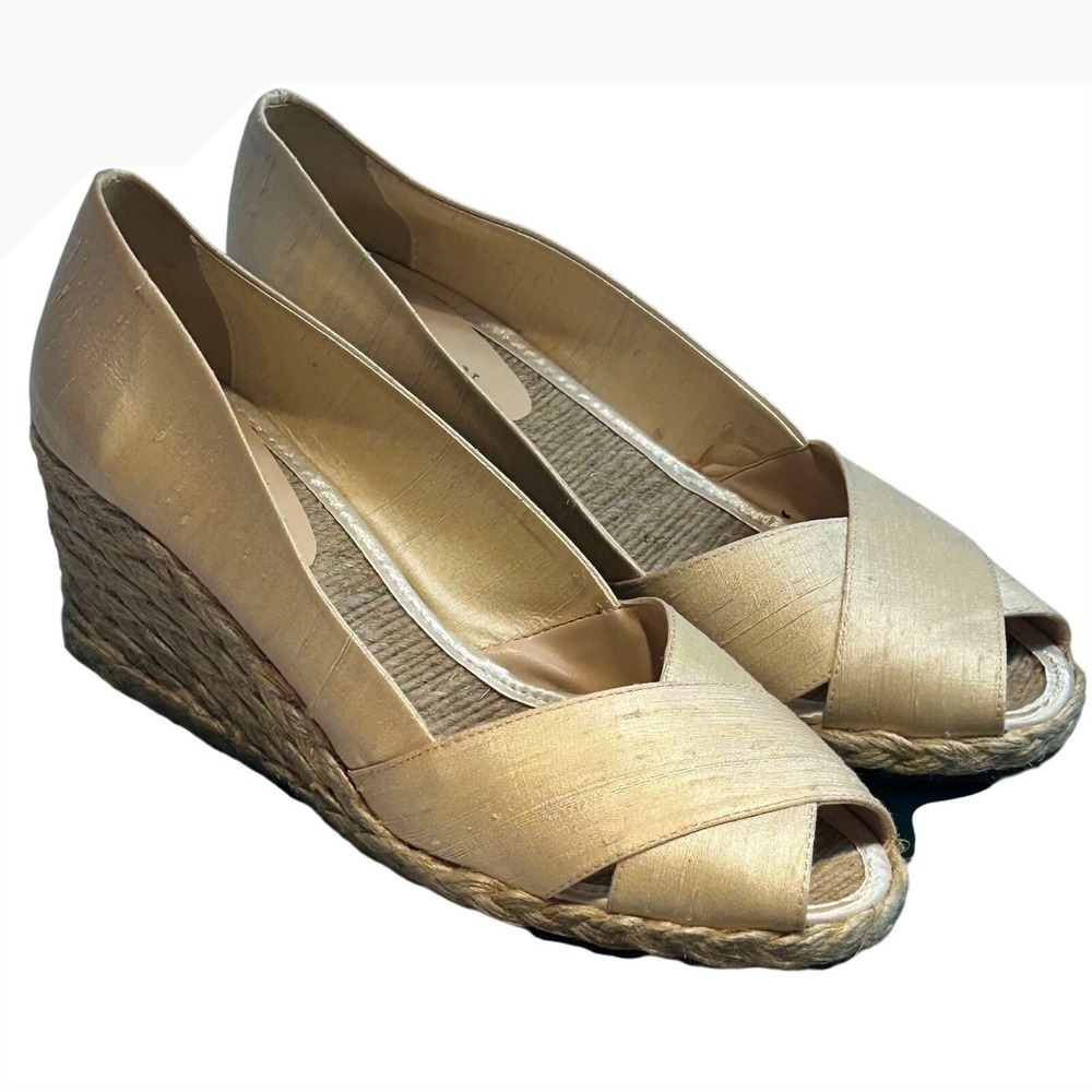 Lauren Ralph Lauren Cecilia Parchment Shantung Espadrille Wedges Gold 9B Spain